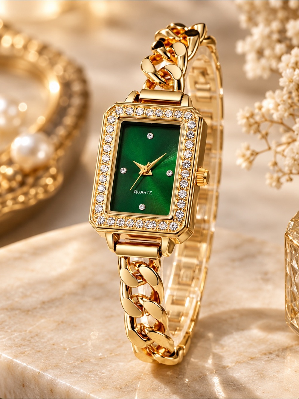 Gold Tone Green Dial Rhinestone Quartz Watch Chunky Chain Bracelet Watch